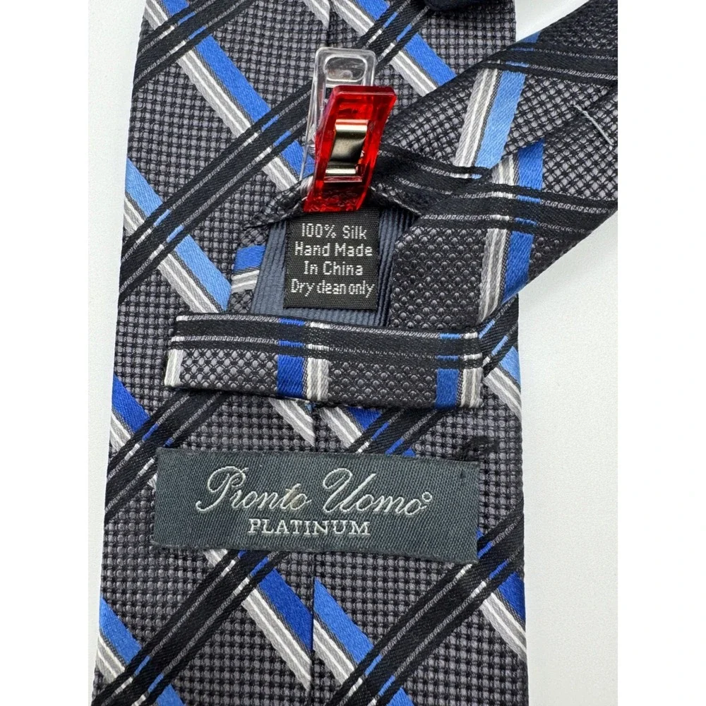 Pronto Uomo Platinum Mens Silk Tie Blue‎ Grey Black Plaid Hand Made Necktie
